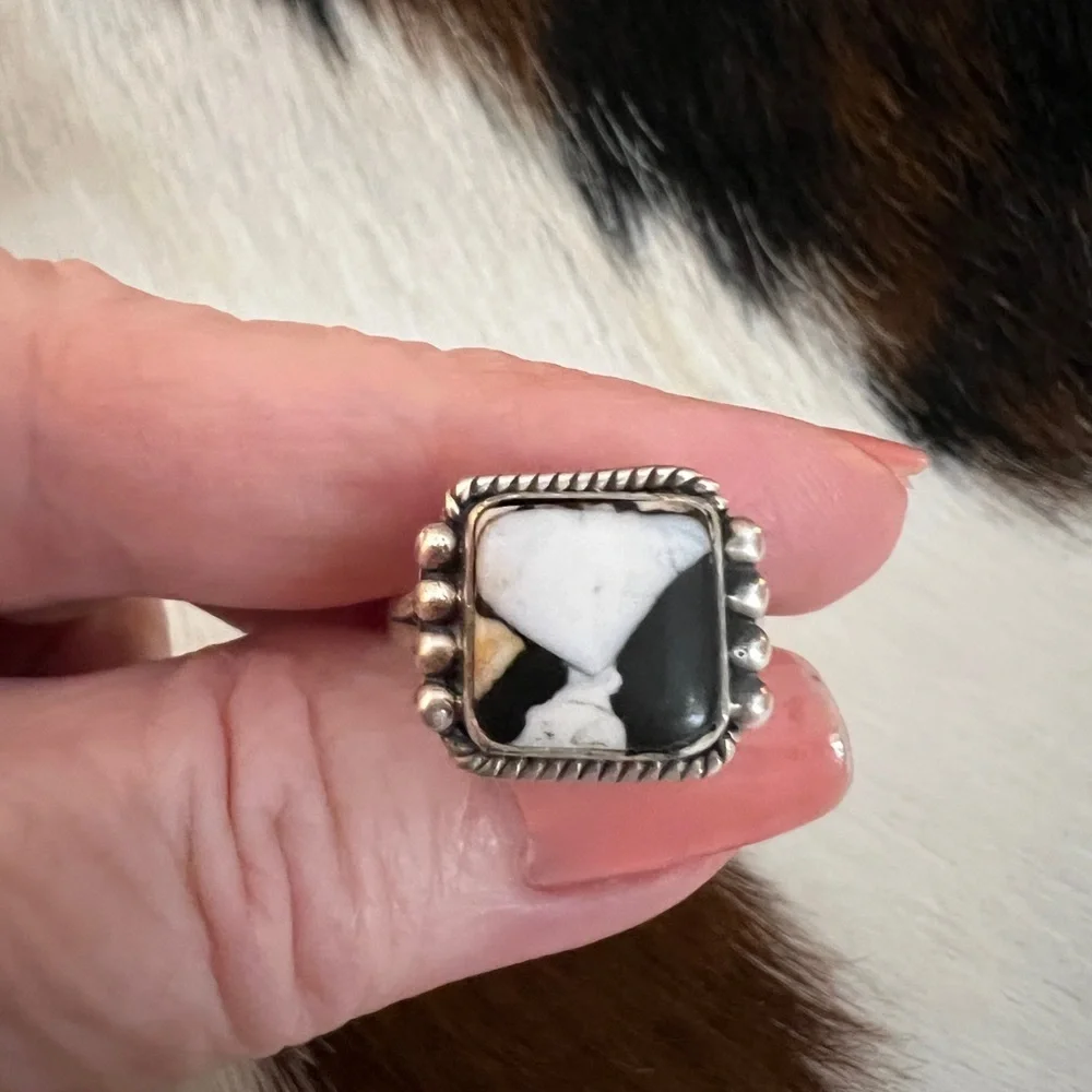 ❤️ White Buffalo Turquoise Square 925 Ring Navajo Style Matte ADJ SZ 5 to 7.5